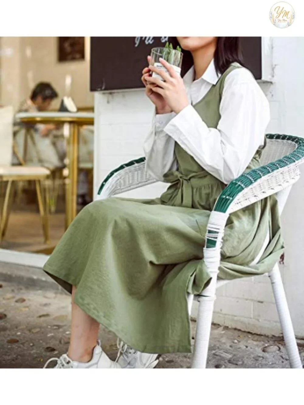 Cotton Linen Pleated Split Apron Pinafore Dress with Pockets